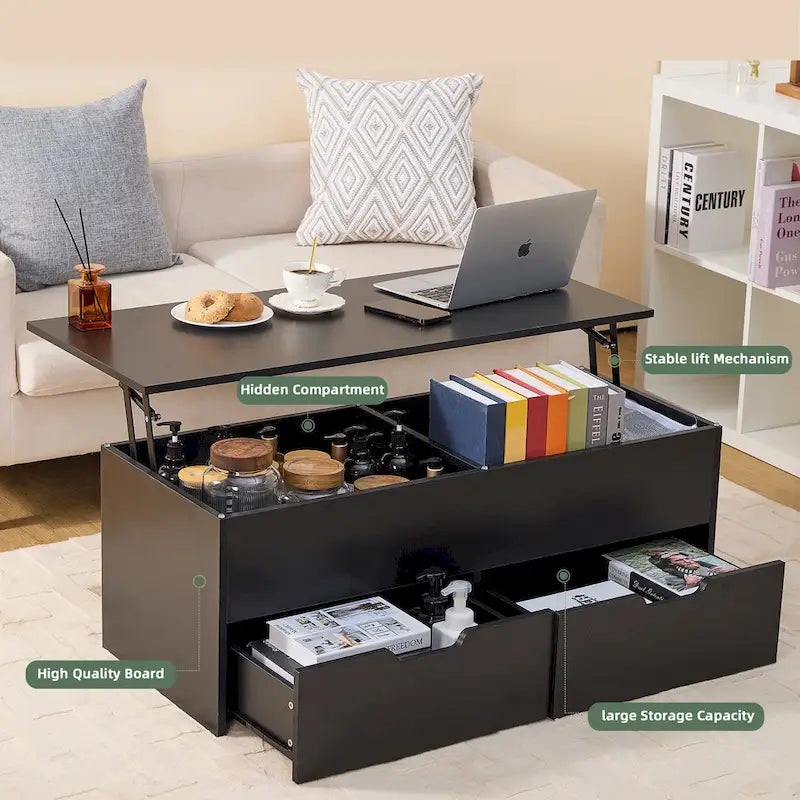 Table basse relevable avec rangement dissimulé et 2 tiroirs