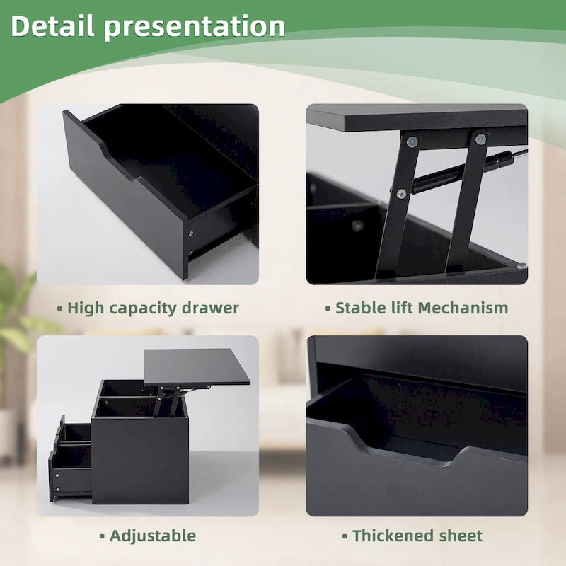 Table basse relevable avec rangement dissimulé et 2 tiroirs