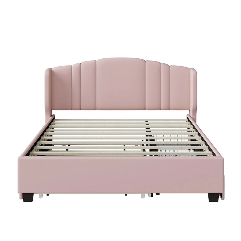 Queen Upholstered Wingback Platform Bed with 2 Drawers & Twin Trundle