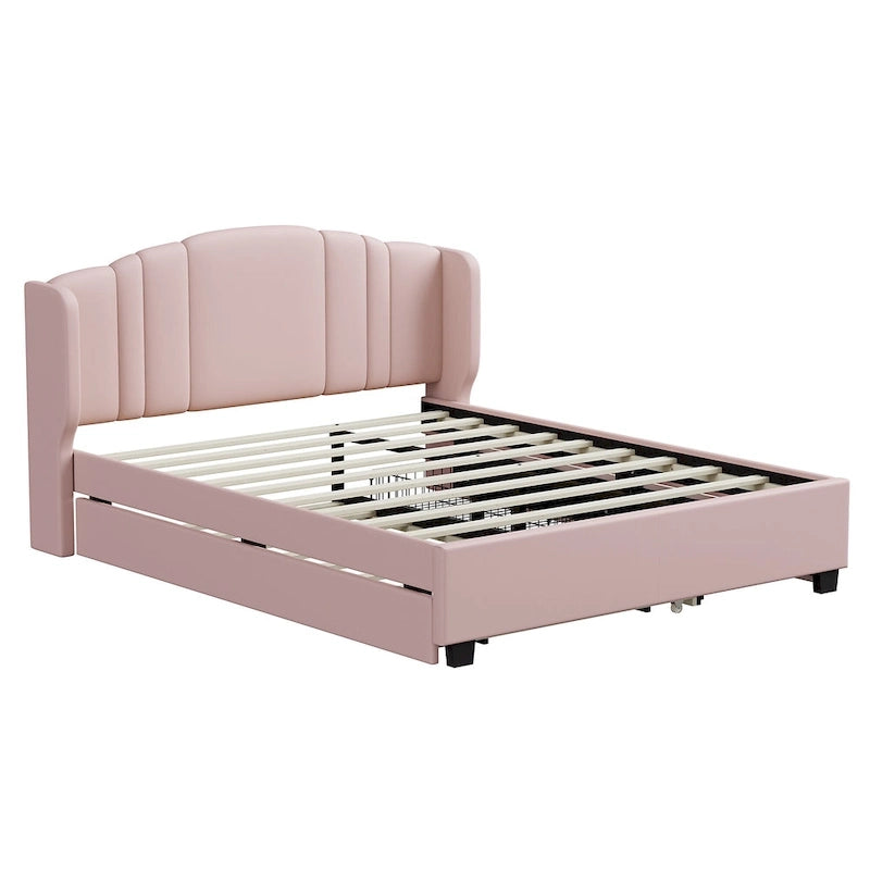 Queen Upholstered Wingback Platform Bed with 2 Drawers & Twin Trundle