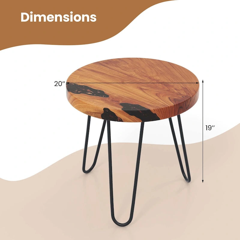 20" Round Live Edge Teak Wood Side Table with Epoxy Resin & Metal Legs