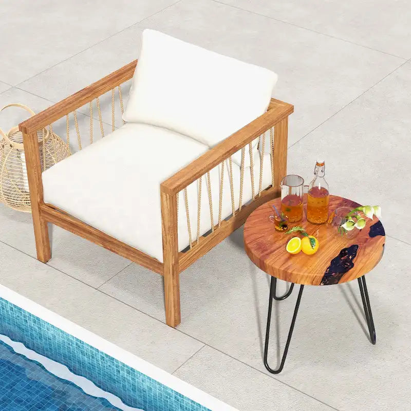 20" Round Live Edge Teak Wood Side Table with Epoxy Resin & Metal Legs