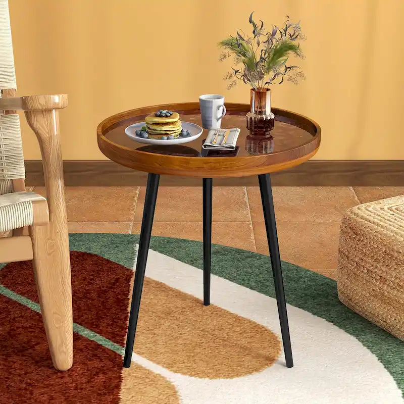 20" Round Live Edge Teak Wood Side Table with Epoxy Resin & Metal Legs