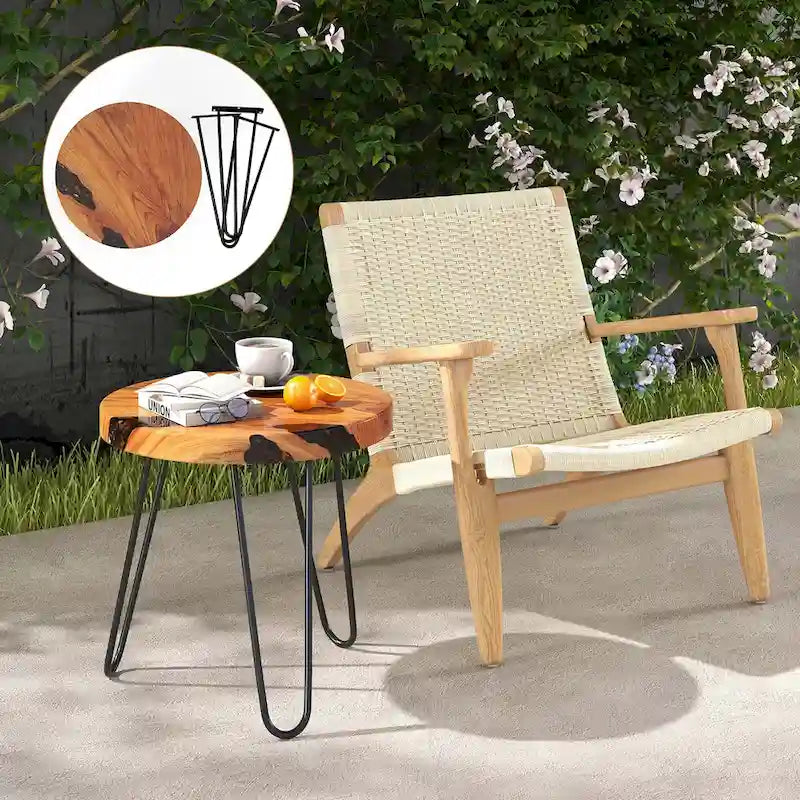 20" Round Live Edge Teak Wood Side Table with Epoxy Resin & Metal Legs
