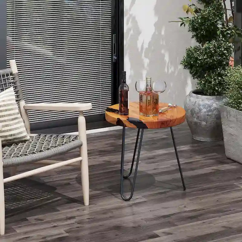 20" Round Live Edge Teak Wood Side Table with Epoxy Resin & Metal Legs