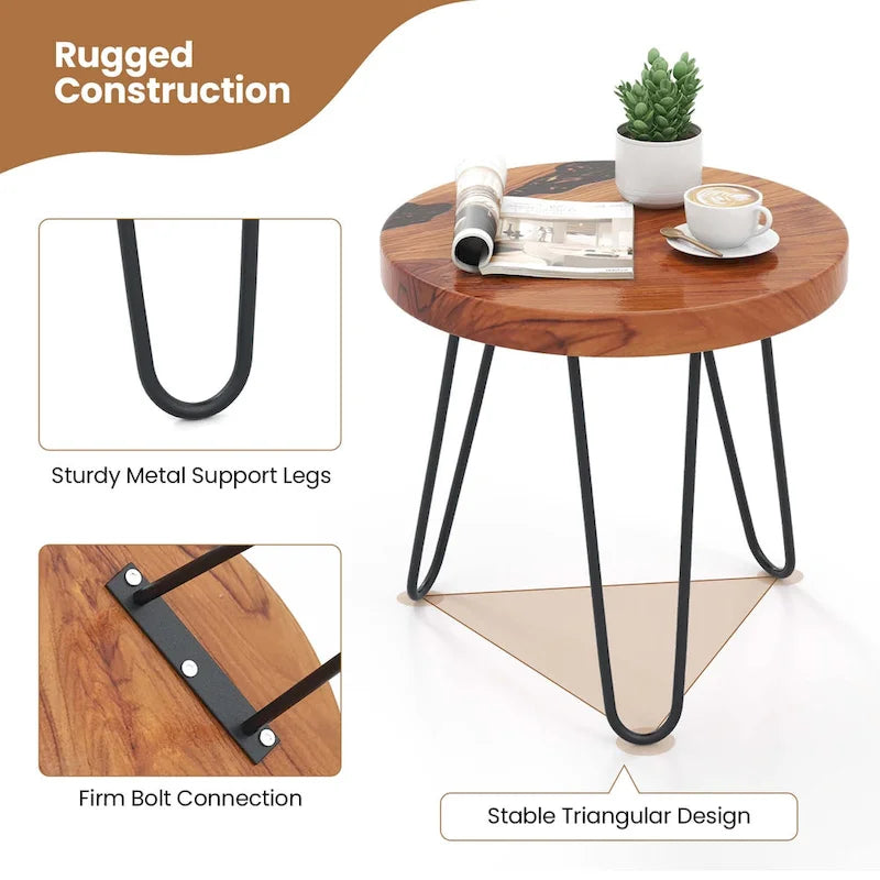20" Round Live Edge Teak Wood Side Table with Epoxy Resin & Metal Legs