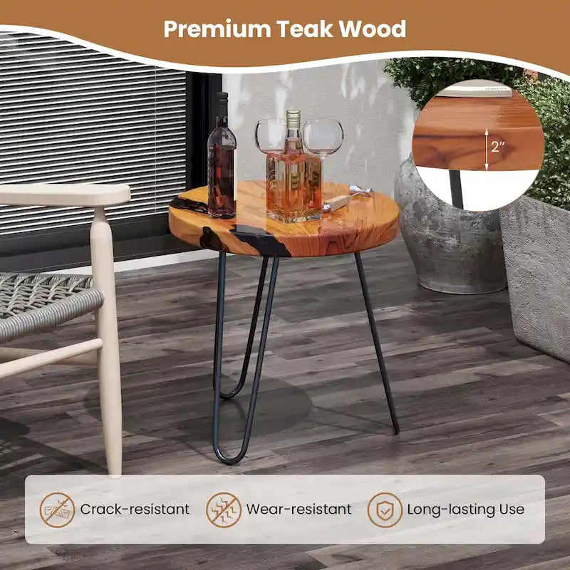 20" Round Live Edge Teak Wood Side Table with Epoxy Resin & Metal Legs
