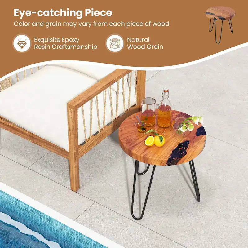 20" Round Live Edge Teak Wood Side Table with Epoxy Resin & Metal Legs