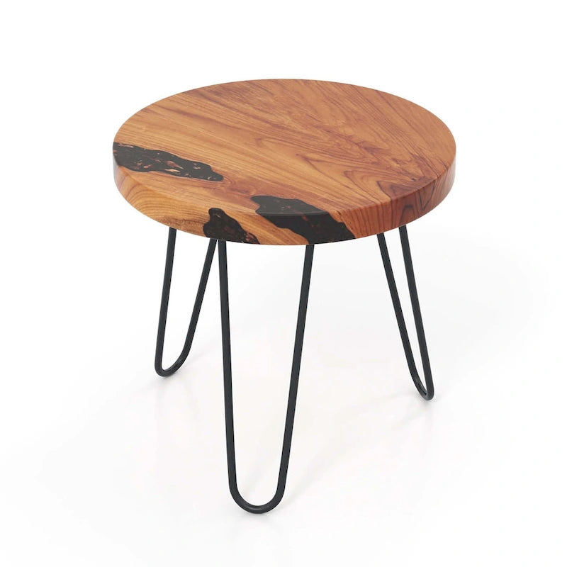 20" Round Live Edge Teak Wood Side Table with Epoxy Resin & Metal Legs