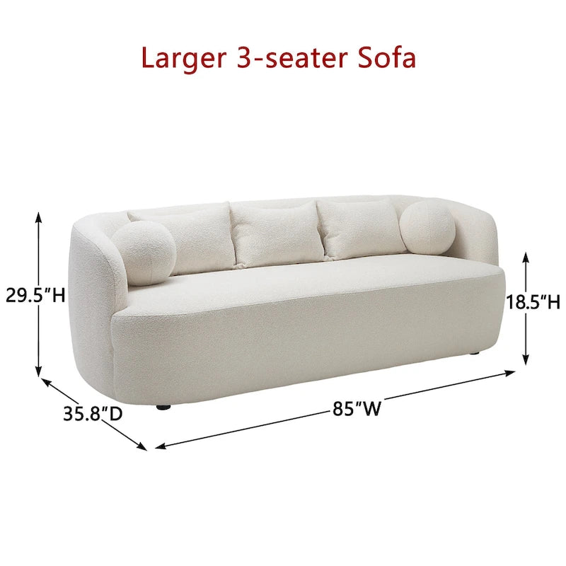 85" Boucle Upholstered 3-Seater Sofa with 5 Pillows & Adjustable Leg Height