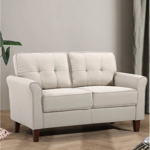 Tufted Linen Loveseat with Coil Spring Cushions & Removable Covers