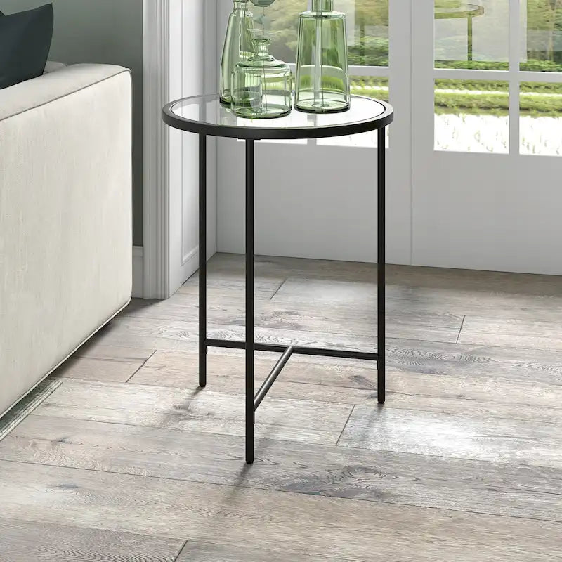 Table d’appoint ronde de 18 pouces avec plateau en verre et base géométrique en acier
