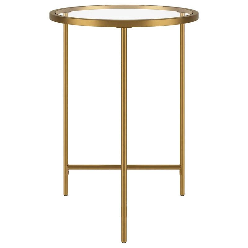 Okrągły stolik boczny z blatem ze szkła o średnicy 18 cali i geometryczną stalową podstawą