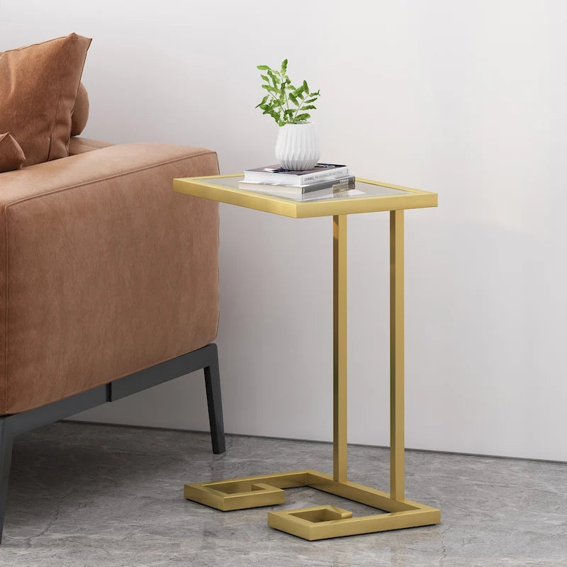 C-Shaped Tempered Glass End Table with Gold Iron Frame