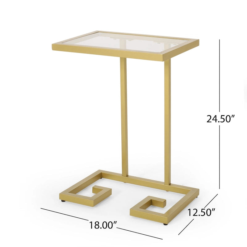 C-Shaped Tempered Glass End Table with Gold Iron Frame
