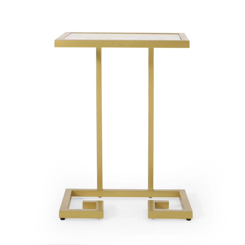 Table d'appoint en forme de C avec plateau en verre trempé et cadre en fer doré