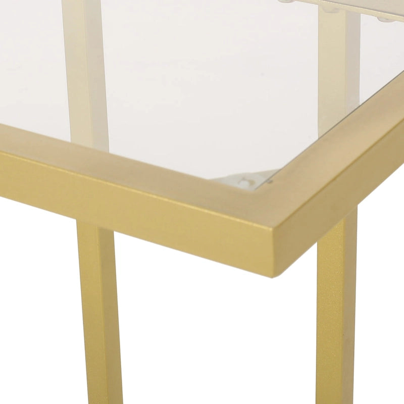 Table d'appoint en forme de C avec plateau en verre trempé et cadre en fer doré