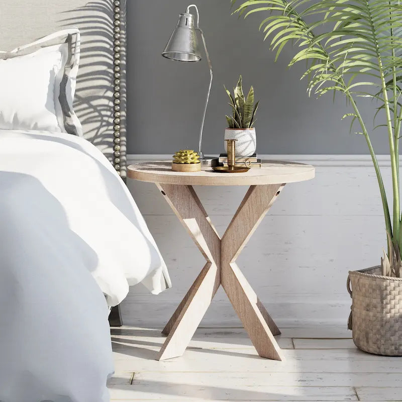 Table d’appoint ronde avec plateau en bois et pieds croisés, gris vintage