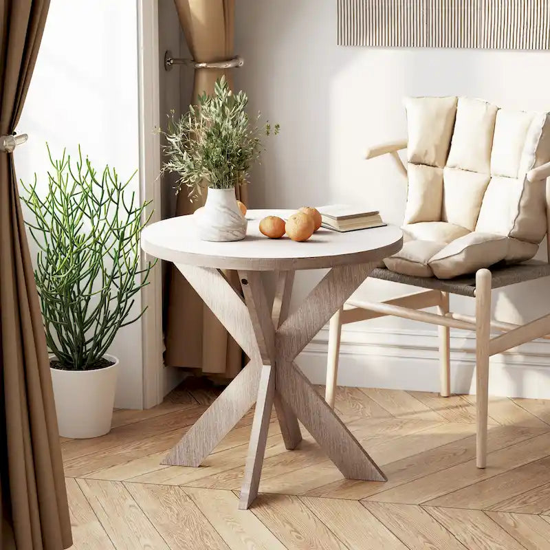 Beistelltisch mit runder Holzplatte und Kreuzbeinen in Vintage-Grau