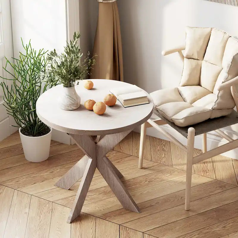 Beistelltisch mit runder Holzplatte und Kreuzbeinen in Vintage-Grau
