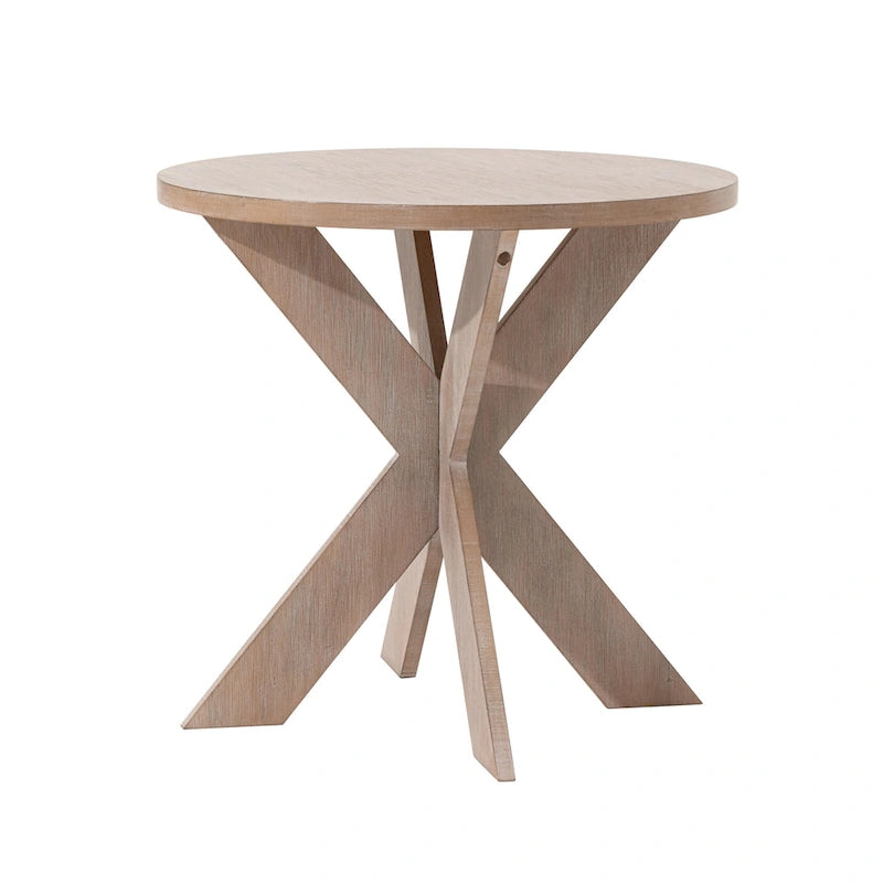 Beistelltisch mit runder Holzplatte und Kreuzbeinen in Vintage-Grau