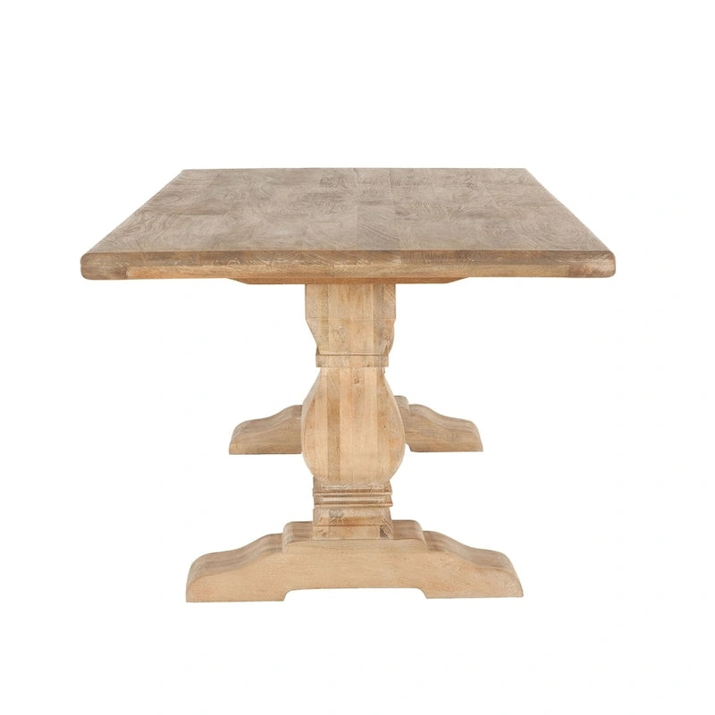Table de salle à manger en bois de manguier massif avec piédestaux sculptés à la main