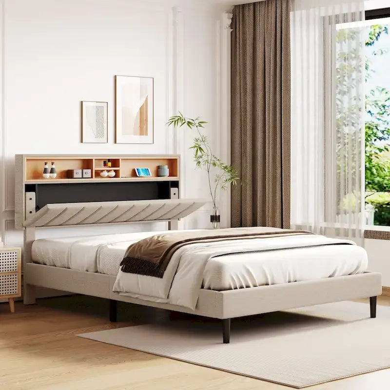 Upholstered Platform Bed with Storage Headboard