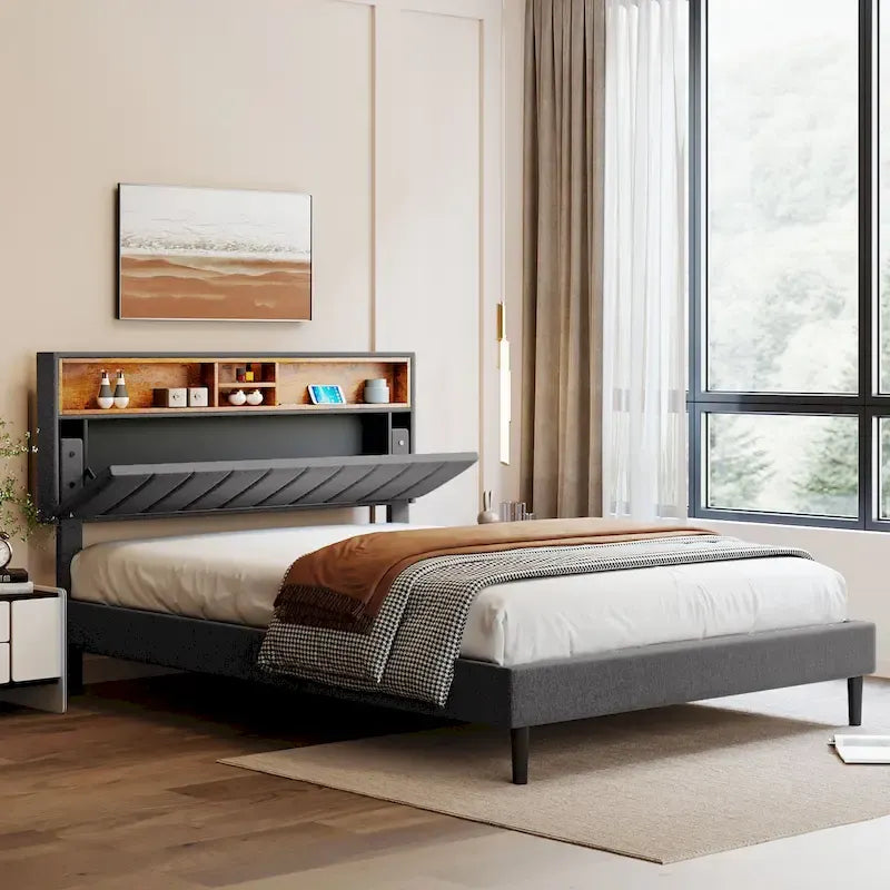 Upholstered Platform Bed with Storage Headboard