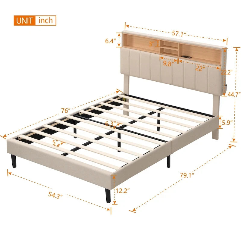 Letto a piattaforma imbottito con testiera contenitore