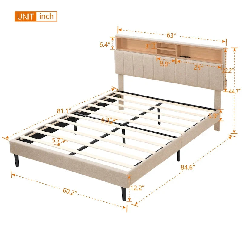 Letto a piattaforma imbottito con testiera contenitore