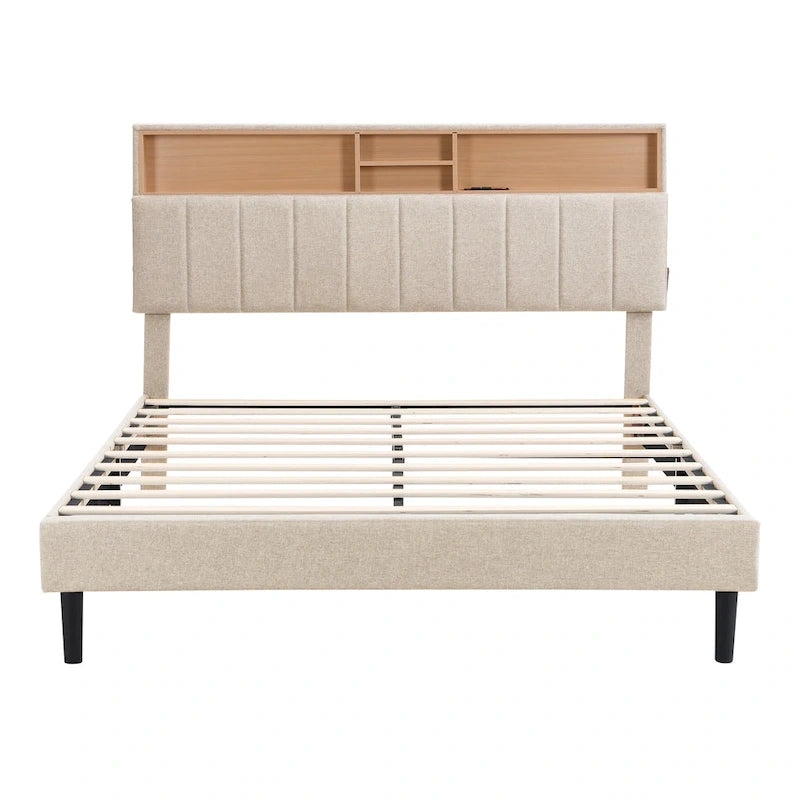 Letto a piattaforma imbottito con testiera contenitore