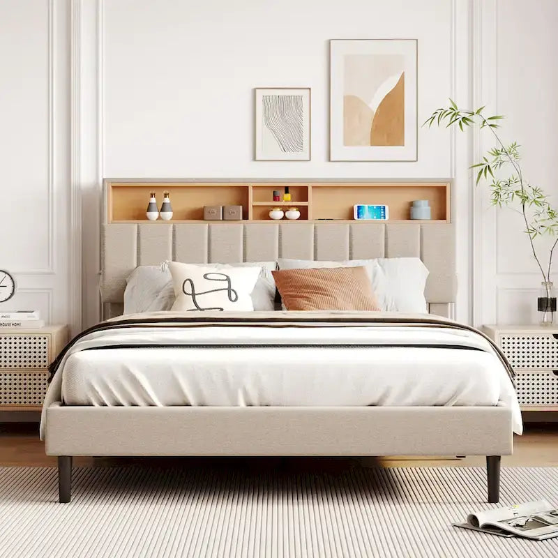 Upholstered Platform Bed with Storage Headboard
