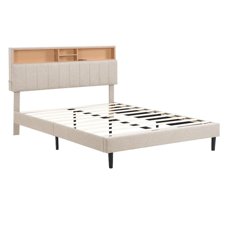 Letto a piattaforma imbottito con testiera contenitore