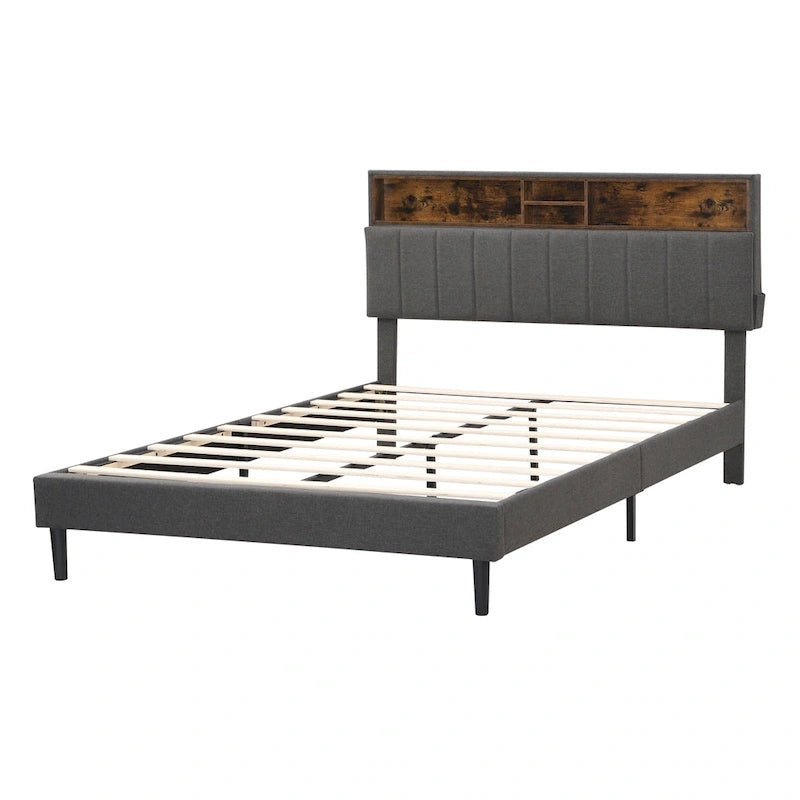 Letto a piattaforma imbottito con testiera contenitore