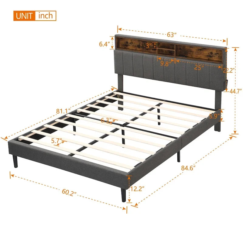 Letto a piattaforma imbottito con testiera contenitore