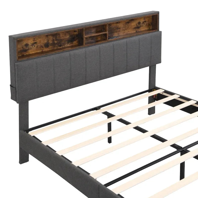 Letto a piattaforma imbottito con testiera contenitore