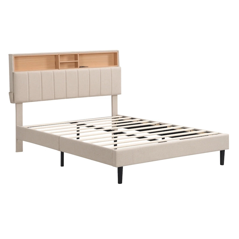 Letto a piattaforma imbottito con testiera contenitore