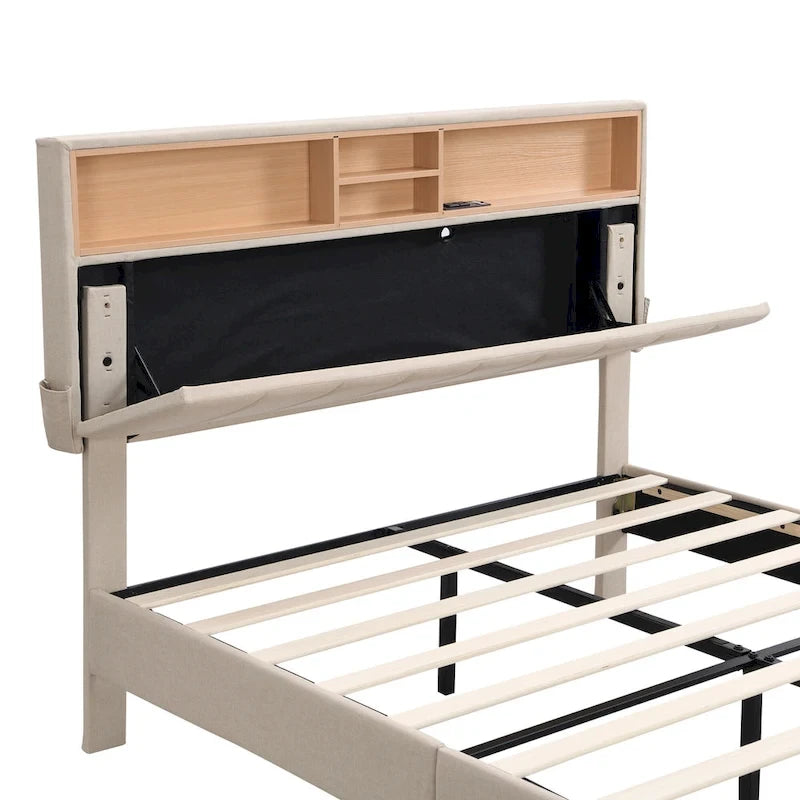 Letto a piattaforma imbottito con testiera contenitore