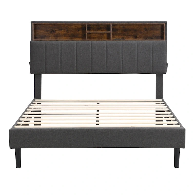 Letto a piattaforma imbottito con testiera contenitore