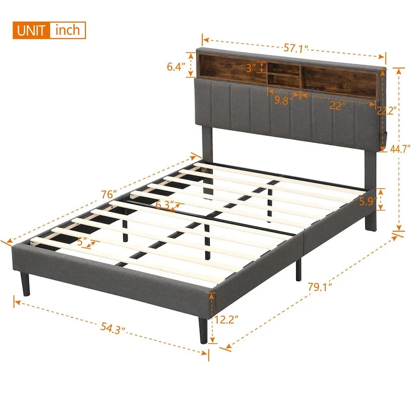 Letto a piattaforma imbottito con testiera contenitore