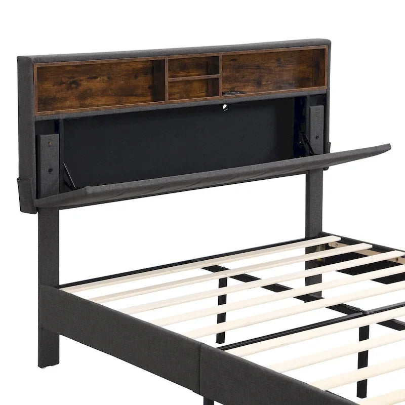 Letto a piattaforma imbottito con testiera contenitore