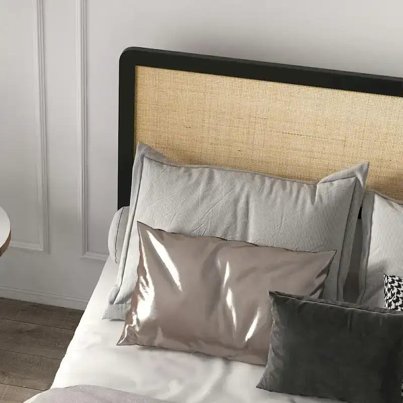 Platform Bed Frame with Natural Rattan Headboard