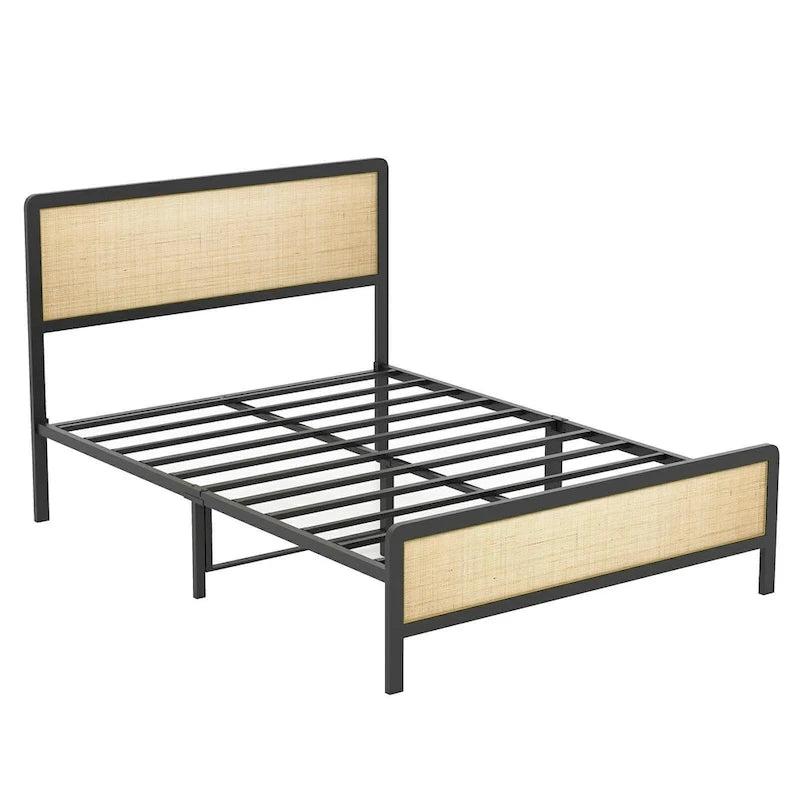 Platform Bed Frame with Natural Rattan Headboard