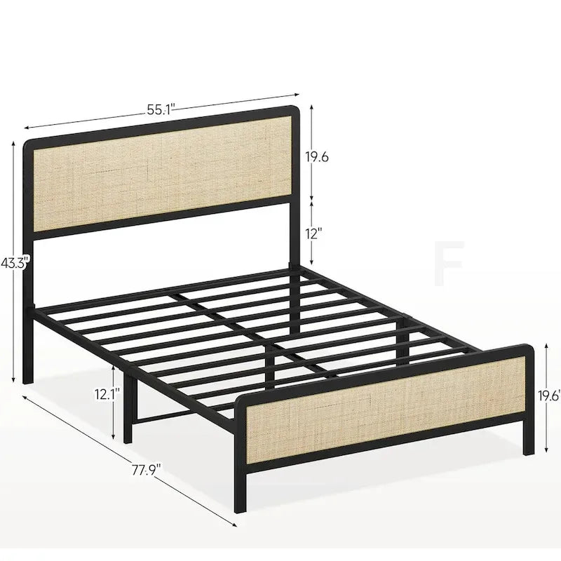 Platform Bed Frame with Natural Rattan Headboard
