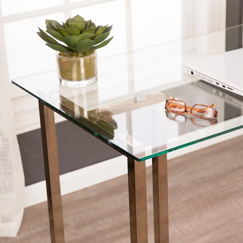 Glass Top Writing Desk with Champagne Metal Frame