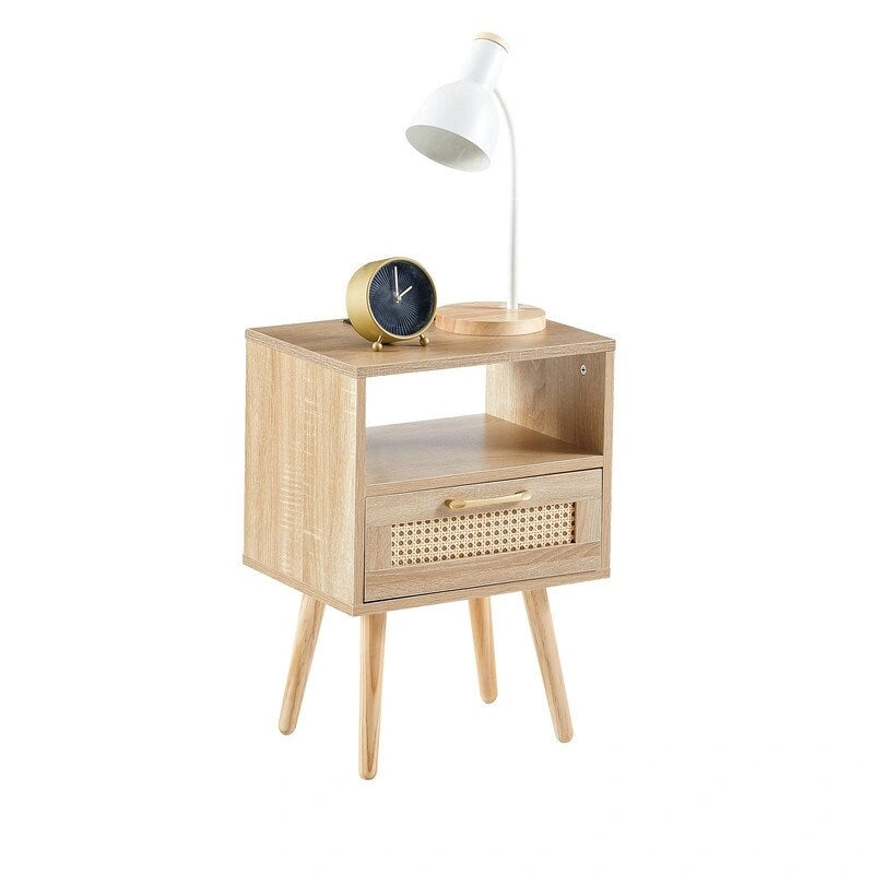 Nachttisch aus Rattan mit Ladestation und Schublade