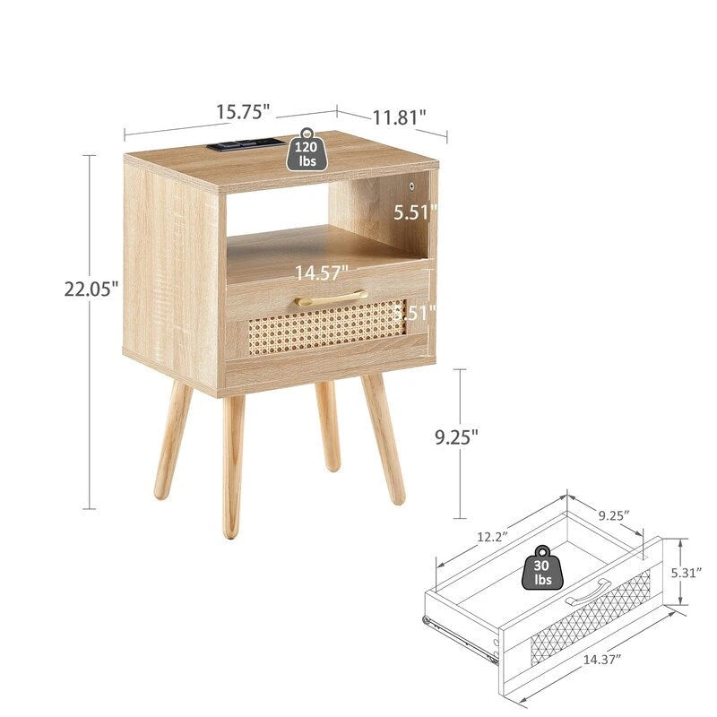 Nachttisch aus Rattan mit Ladestation und Schublade