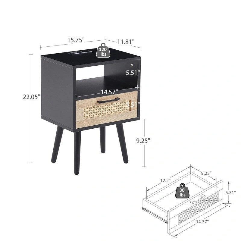 Nachttisch aus Rattan mit Ladestation und Schublade