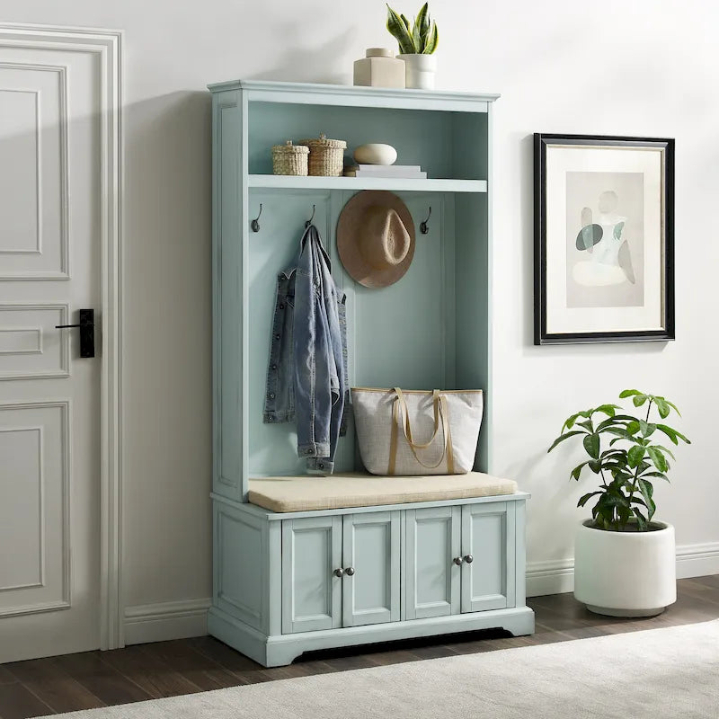 Entryway Hall Tree with Storage Cabinets, Bench and Coat Hooks