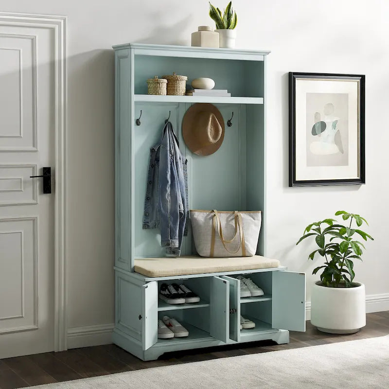 Entryway Hall Tree with Storage Cabinets, Bench and Coat Hooks